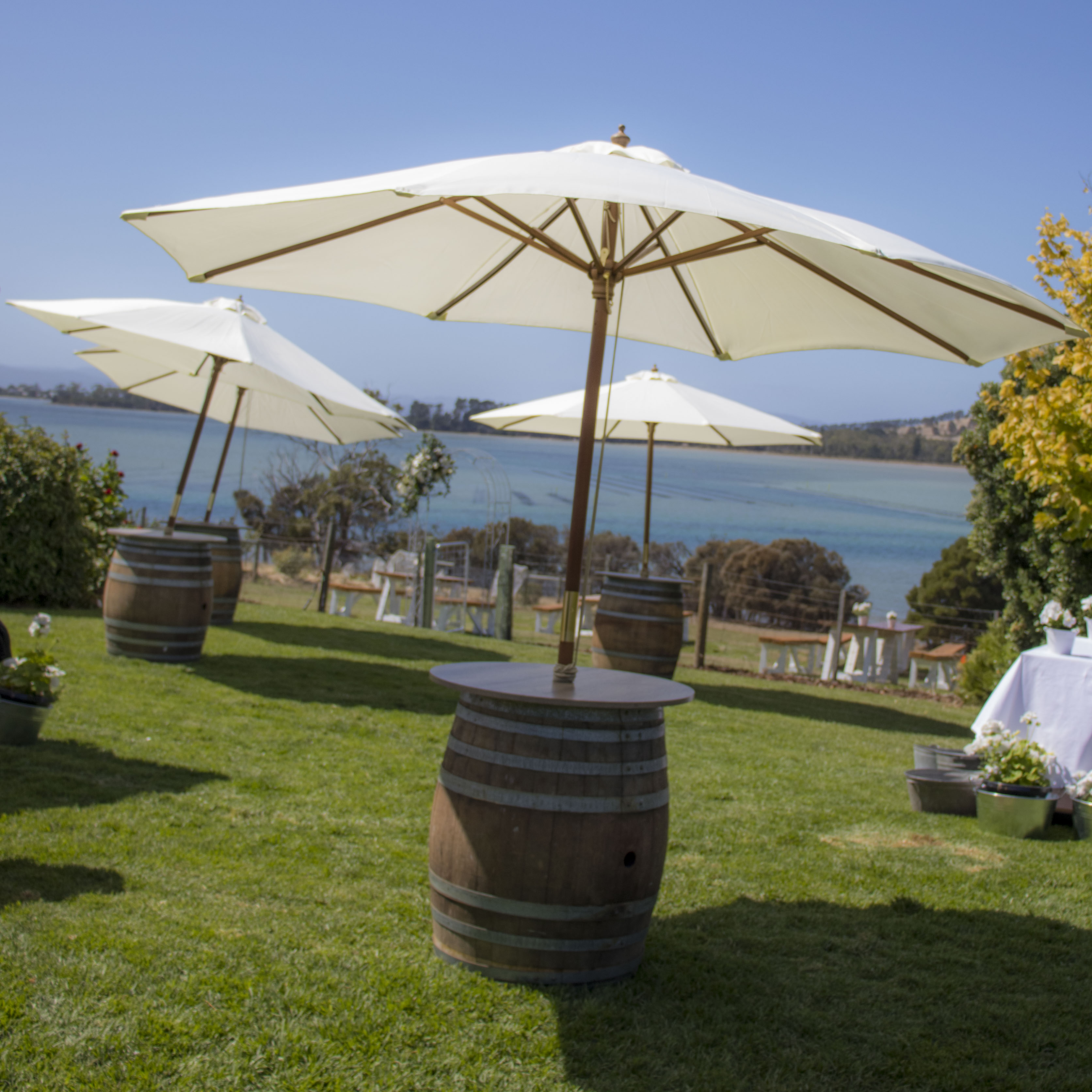 Wine Barrel Table With Market Umbrella